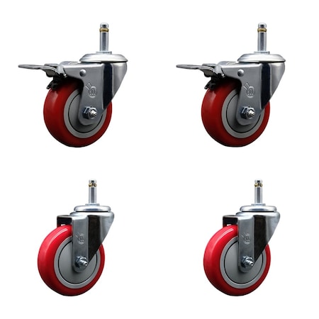 Service Caster 4'' Red Poly Wheel Swivel 7/16'' Stem Caster Set 2 Total Lock Brake, 4PK SCC-GRTTL20S414-PPUB-RED-716138-2-S2